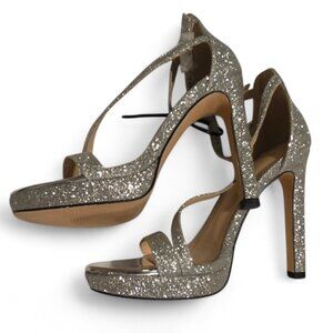 LALA IKAI Silver Glitter Open Toe High Heels Shiny Buckle Shoes EU Sz 37